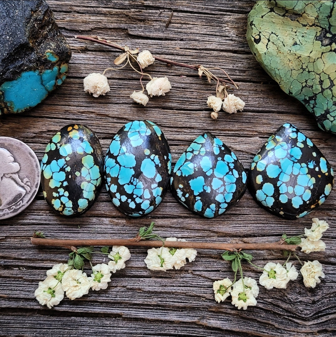 49.3 popular ct. (40x18x7 mm) 100% Natural Web Cloud Mountain (Hubei) Turquoise Cabochon Gemstone, # HX 64